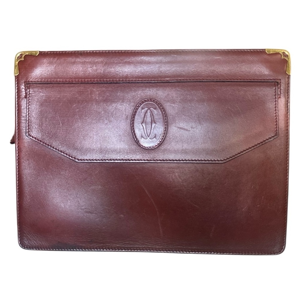 Vintage Must de‎ Cartier Burgundy Calfskin Leather Clutch w/ Gold Chain & COA - Picture 3 of 16
